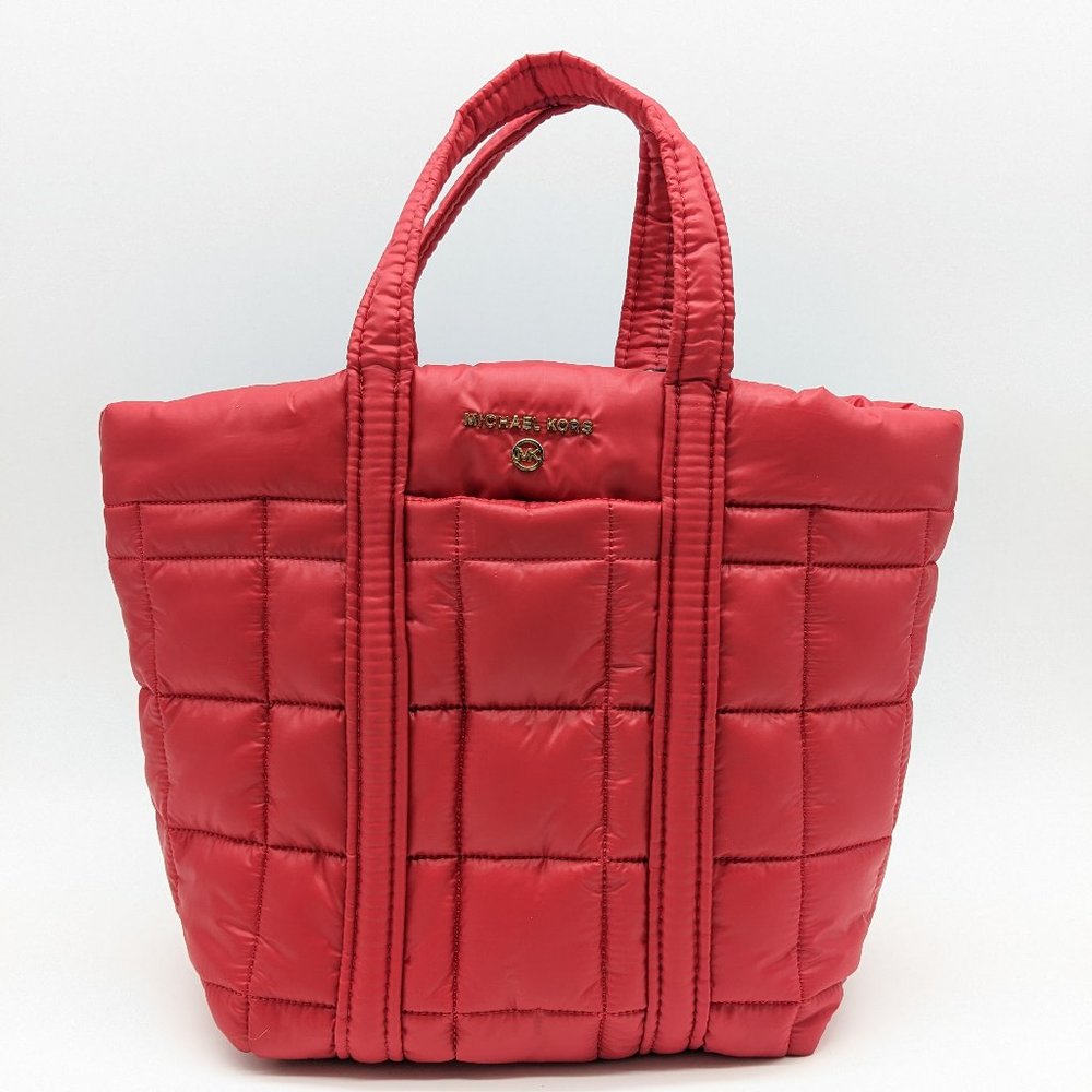 MICHAEL KORS Stirling quilted recycled nylon puffy SMALL tote bag -RED